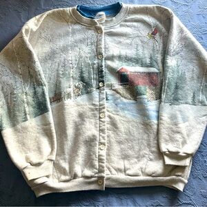 Vintage Women’s button down Christmas sweatshirt Sz XL winter scene